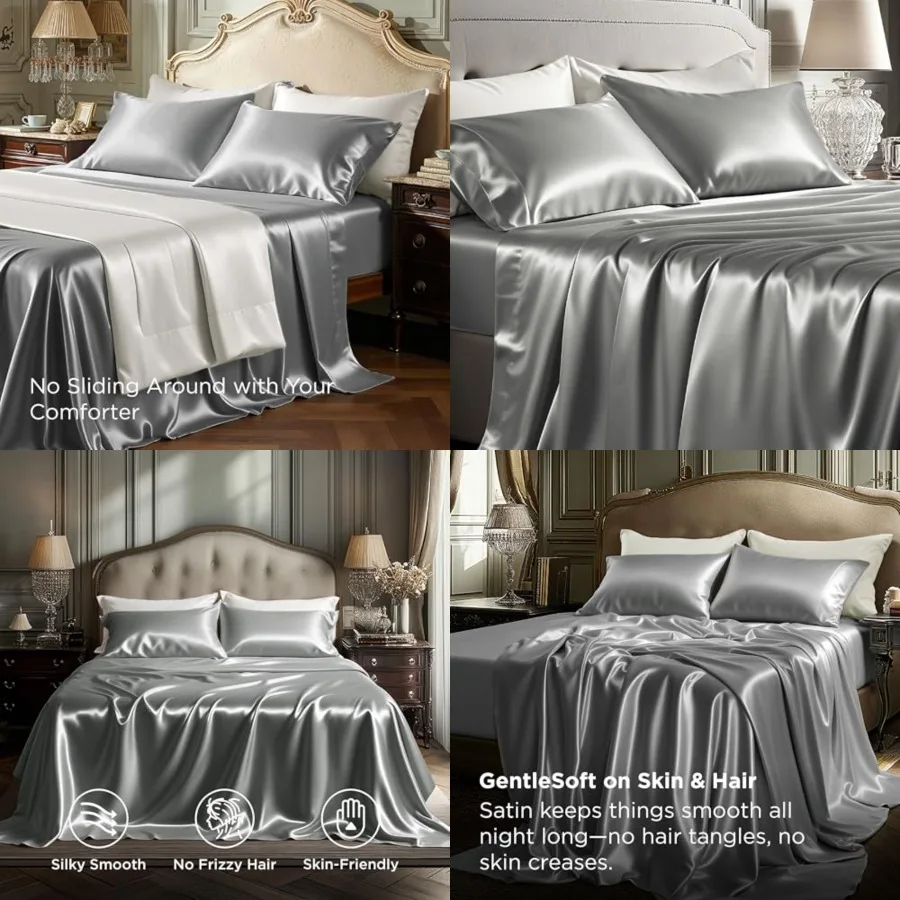 Satin Sheets Size 4 Pcs Silky Bedsheets with Inch Deep Pocket Fitted Bedsheet, 1 Flat Sheet, 2 Satin Pillowcases, Good for Hair
Satin Sheets Size 4 Pcs Silky Bedsheets with Inch Deep Pocket Fitted Bedsheet, 1 Flat Sheet, 2 Satin Pillowcases, Good for Hair