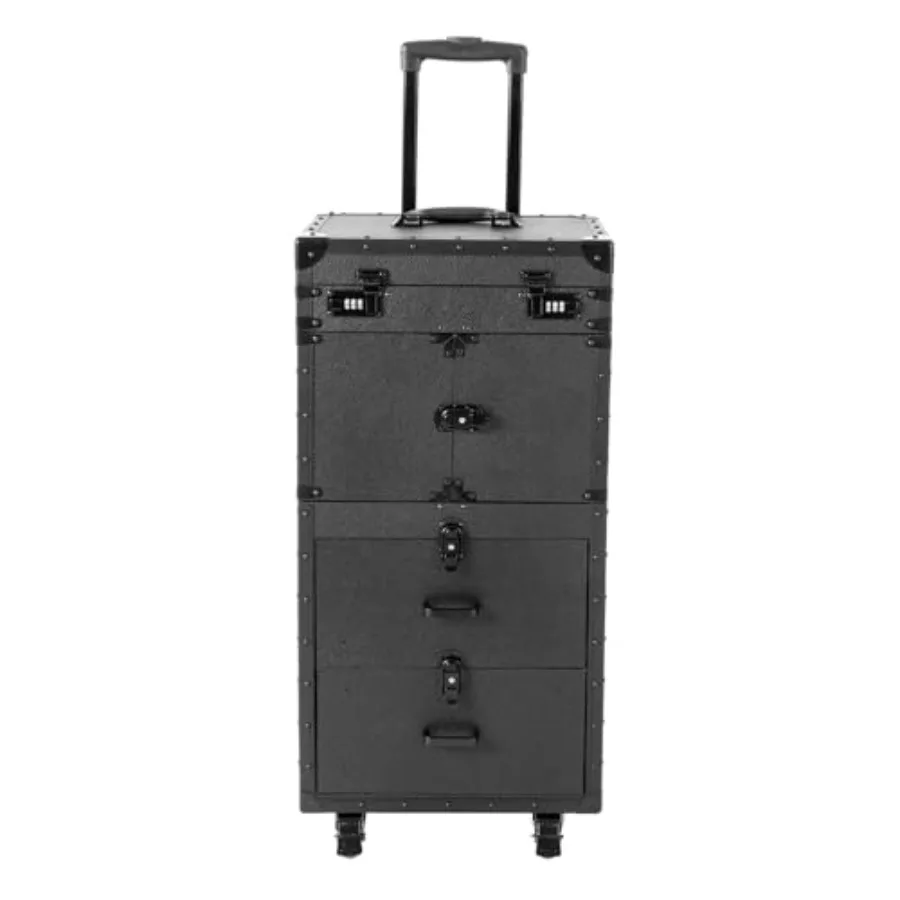 Professional makeup train case for salon use, aluminum construction, black color, lockable with 360 swivel wheels and multifunc
Professional makeup train case for salon use, aluminum construction, black color, lockable with 360 swivel wheels and multifunc