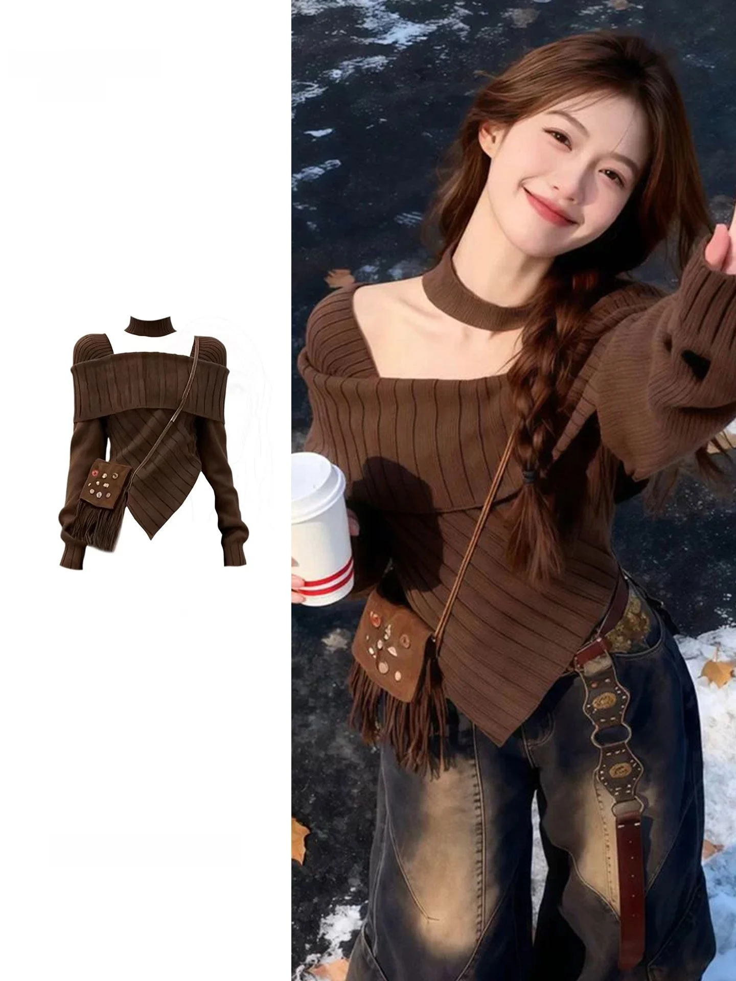 Large Size Brown Square Collar One Shoulder Waist Cinched Knitwear Women's Autumn Winter New Lazy High-End Feeling Short Top
Large Size Brown Square Collar One Shoulder Waist Cinched Knitwear Women's Autumn Winter New Lazy High-End Feeling Short Top
