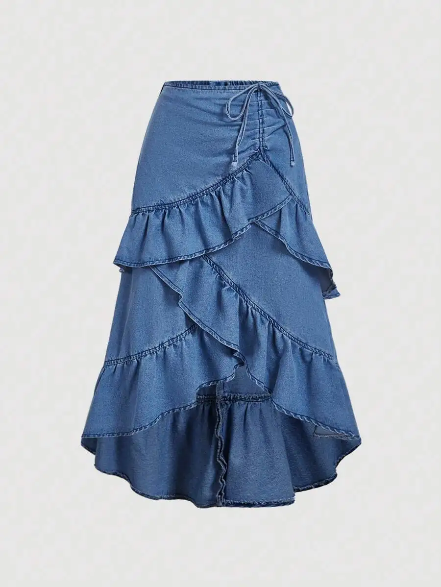 Women's Denim Skirt with Tiered Ruffles and Drawstring Waist
Women's Denim Skirt with Tiered Ruffles and Drawstring Waist