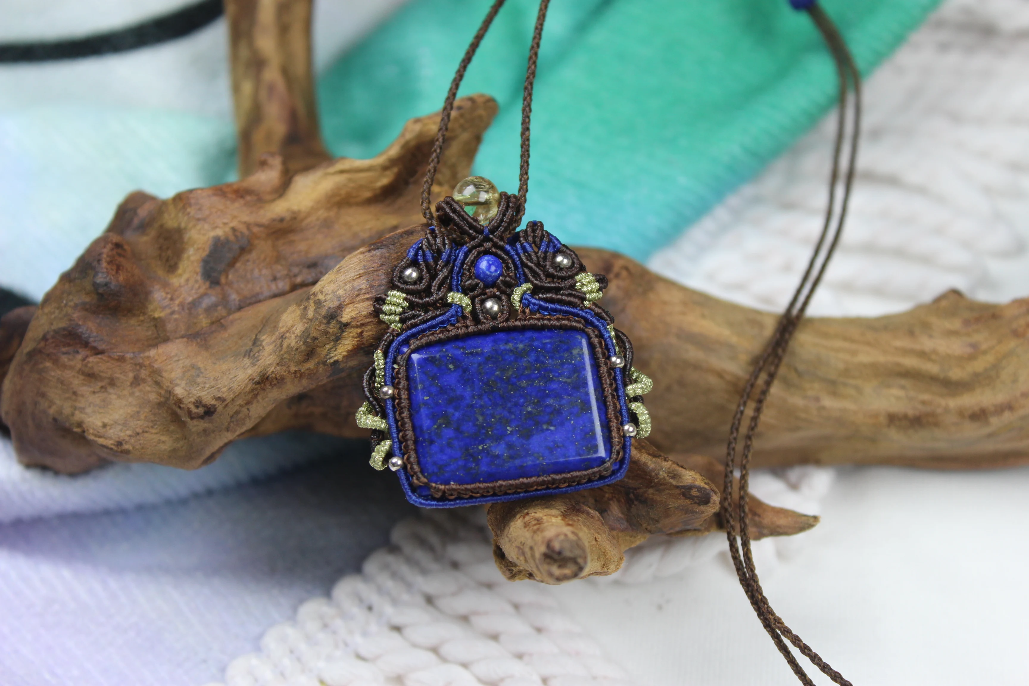 Macrame Handmade Wax Polyster Cord Woven Rectangle Lapis Lazuli Stone Necklace wih Rutilated Quartz Bead Exclusive Custom Design
Macrame Handmade Wax Polyster Cord Woven Rectangle Lapis Lazuli Stone Necklace wih Rutilated Quartz Bead Exclusive Custom Design