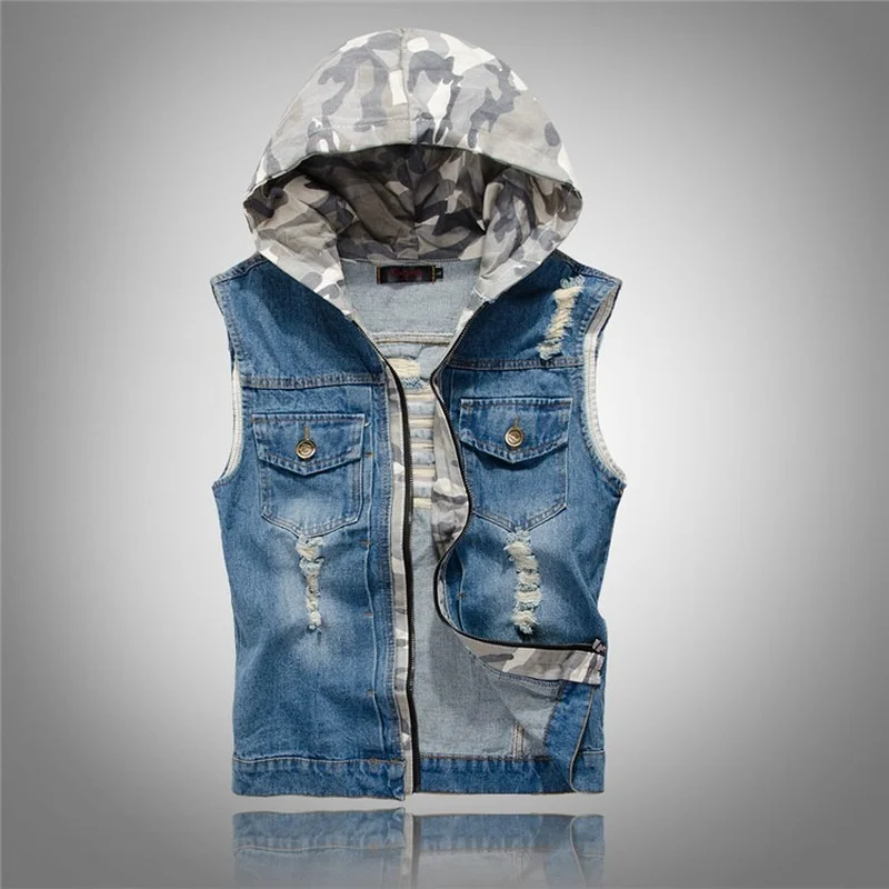 Korean Men Denim Vest Coat Summer Slim Ripped Camouflage Hooded Vest Men Sleeveless Pocket Stitching Button Zipper Cardigan Coat
Korean Men Denim Vest Coat Summer Slim Ripped Camouflage Hooded Vest Men Sleeveless Pocket Stitching Button Zipper Cardigan Coat