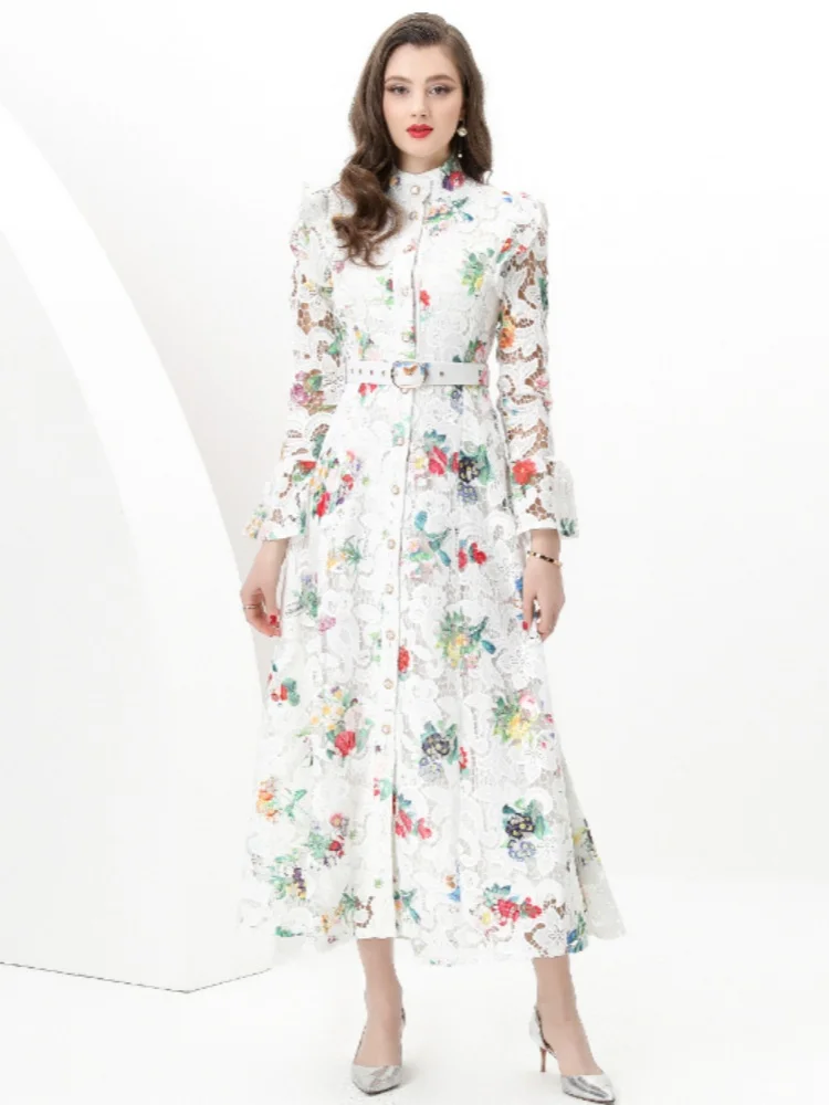High-End Prin Lace Hollow Out Elegant Dresses For Women Stand Collar Full Sleeve Runway Long Dress Female Clothing
High-End Prin Lace Hollow Out Elegant Dresses For Women Stand Collar Full Sleeve Runway Long Dress Female Clothing