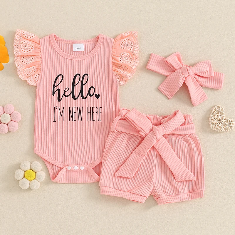 Newborn Baby Girl Clothes Summer Romper Ribbed Fly Sleeve Bodysuit Shorts with Belt Headband 3Pcs Outfits Set
Newborn Baby Girl Clothes Summer Romper Ribbed Fly Sleeve Bodysuit Shorts with Belt Headband 3Pcs Outfits Set