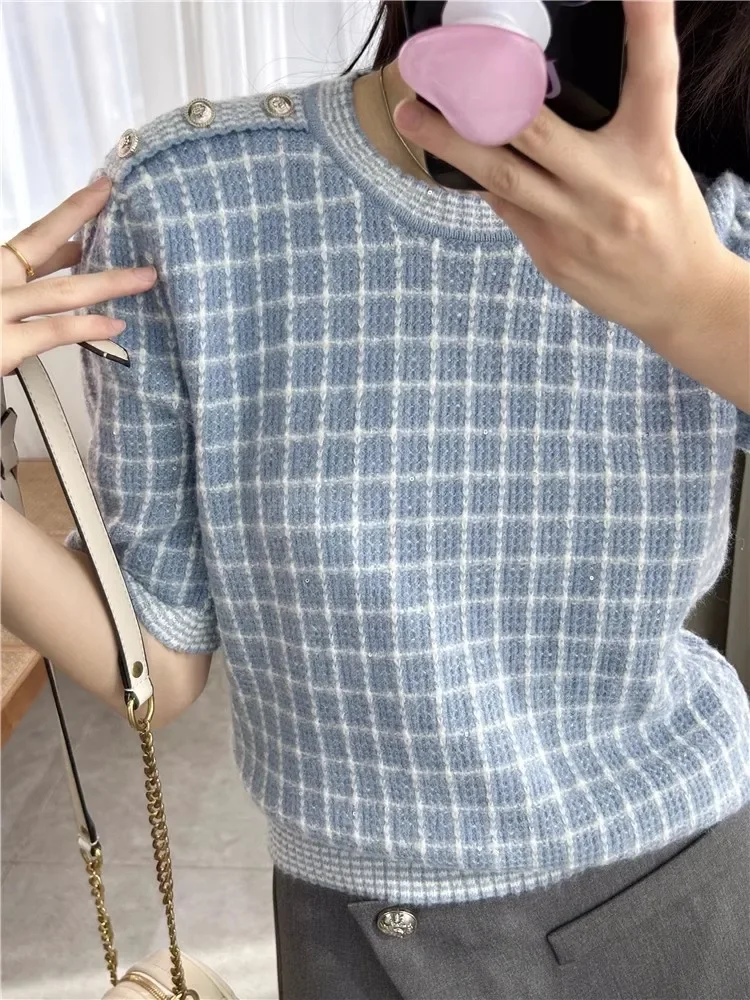 Women Blue Knit Sweater Plaid Shoulder Buttons Round Neck Short Sleeve Sweet Spring 2024 Pullover
Women Blue Knit Sweater Plaid Shoulder Buttons Round Neck Short Sleeve Sweet Spring 2024 Pullover