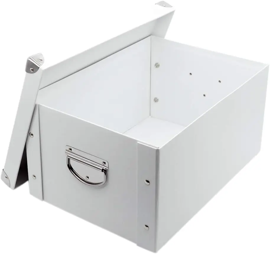 Collapsible Storage Box with Lid, Metal Reinforced Corners, Cardboard File Bin with Handles for Photos Toys Office
Collapsible Storage Box with Lid, Metal Reinforced Corners, Cardboard File Bin with Handles for Photos Toys Office