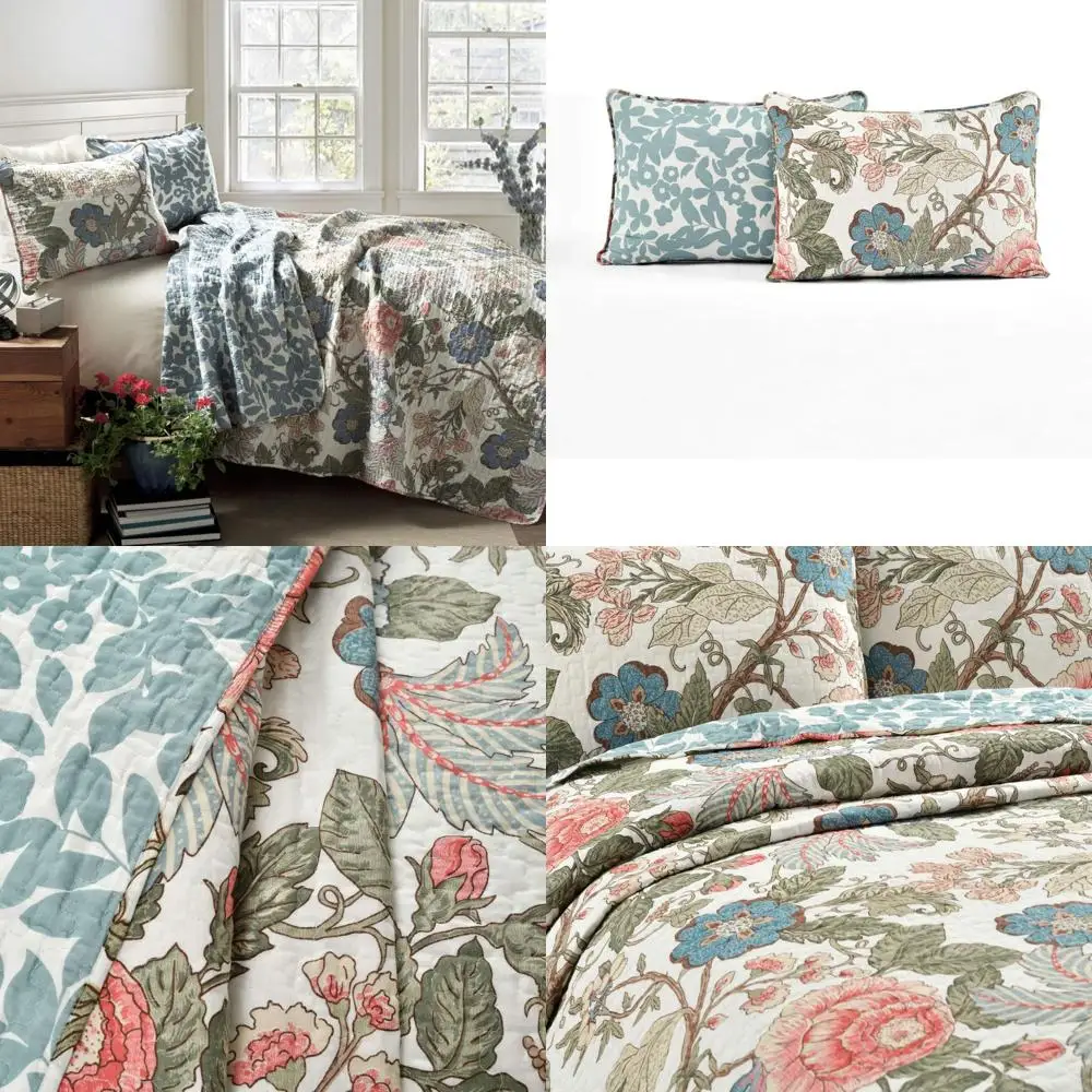 Green and Blue Cotton Quilt Set, 3-Piece, Full/Queen Size, Floral Pattern, Cottage Style
Green and Blue Cotton Quilt Set, 3-Piece, Full/Queen Size, Floral Pattern, Cottage Style