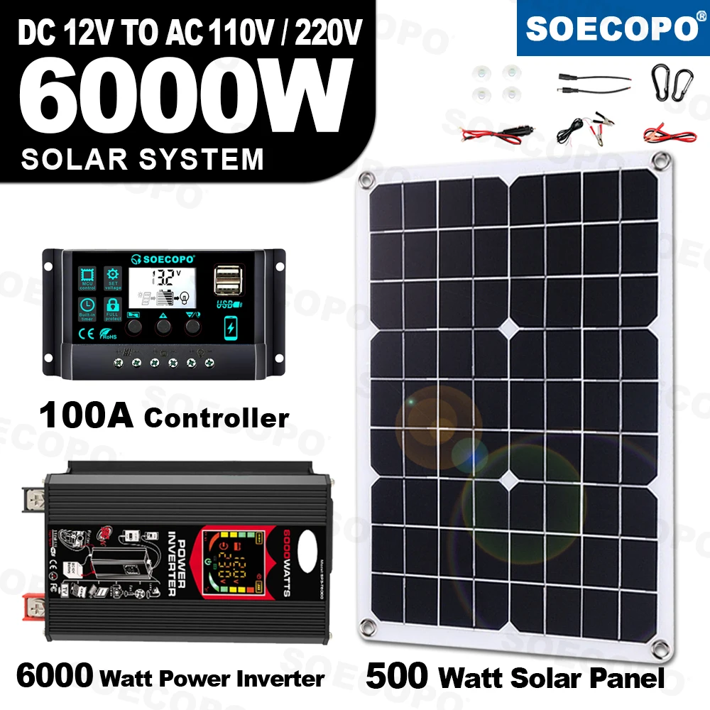 SOECOPO 6000W Solar Generator 500W Panel 12V DC to 220V110V Inverter 100A Controller Off-Grid System for RV Camping CE RoHS
SOECOPO 6000W Solar Generator 500W Panel 12V DC to 220V110V Inverter 100A Controller Off-Grid System for RV Camping CE RoHS