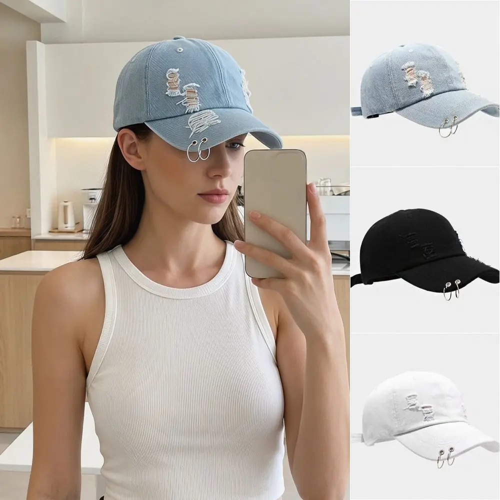 Casual Creative Iron Ring Baseball Cap Cotton Distressed Design Ripped Denim Baseball Hat Korean Solid Color Sunshade Hat Summer
Casual Creative Iron Ring Baseball Cap Cotton Distressed Design Ripped Denim Baseball Hat Korean Solid Color Sunshade Hat Summer