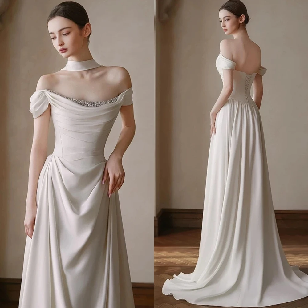 Customized Scoop Satin Graceful Bridal Gowns A-Line White Floor Length Sleeveless Classic Evening Dress Crystal Soft Bridal Part
Customized Scoop Satin Graceful Bridal Gowns A-Line White Floor Length Sleeveless Classic Evening Dress Crystal Soft Bridal Part