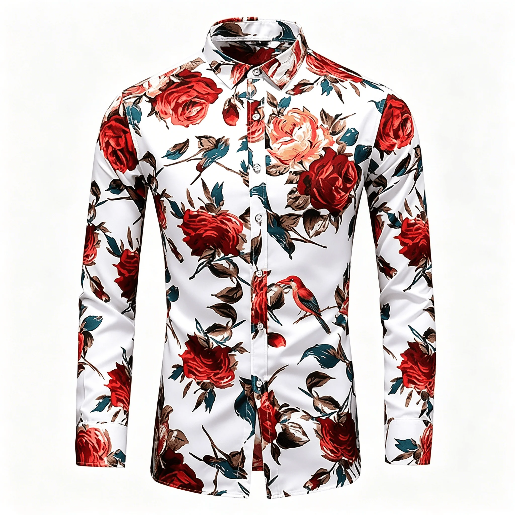 Men's White Red Rose & Bird Print Long Sleeve Shirt, Romantic Floral Botanical Casual Button Down for Spring & Summer
Men's White Red Rose & Bird Print Long Sleeve Shirt, Romantic Floral Botanical Casual Button Down for Spring & Summer