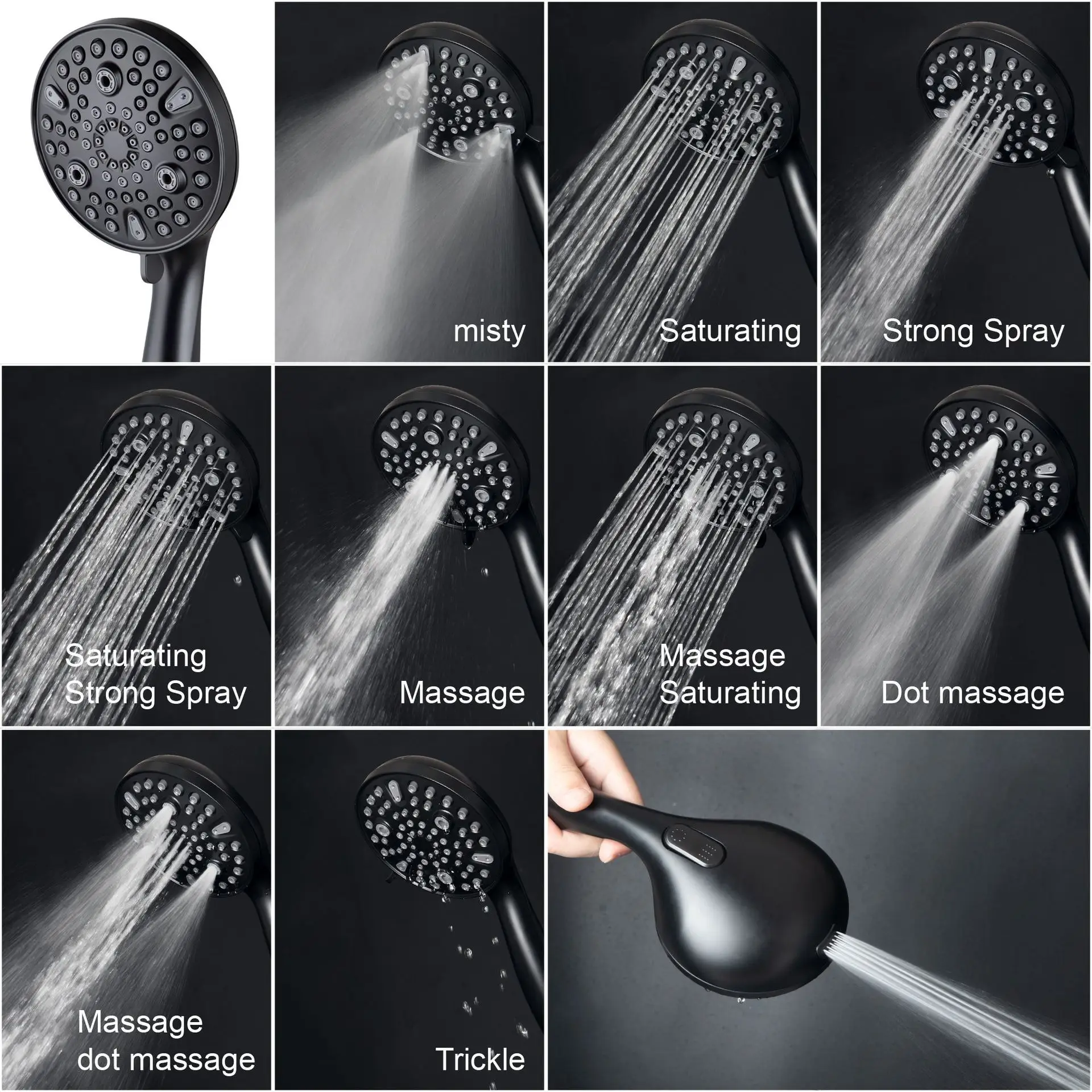 10 functions Black Shower Head set High Quality ABS Plastic shower sprayer set Pressurized Shower nozzle American style
10 functions Black Shower Head set High Quality ABS Plastic shower sprayer set Pressurized Shower nozzle American style