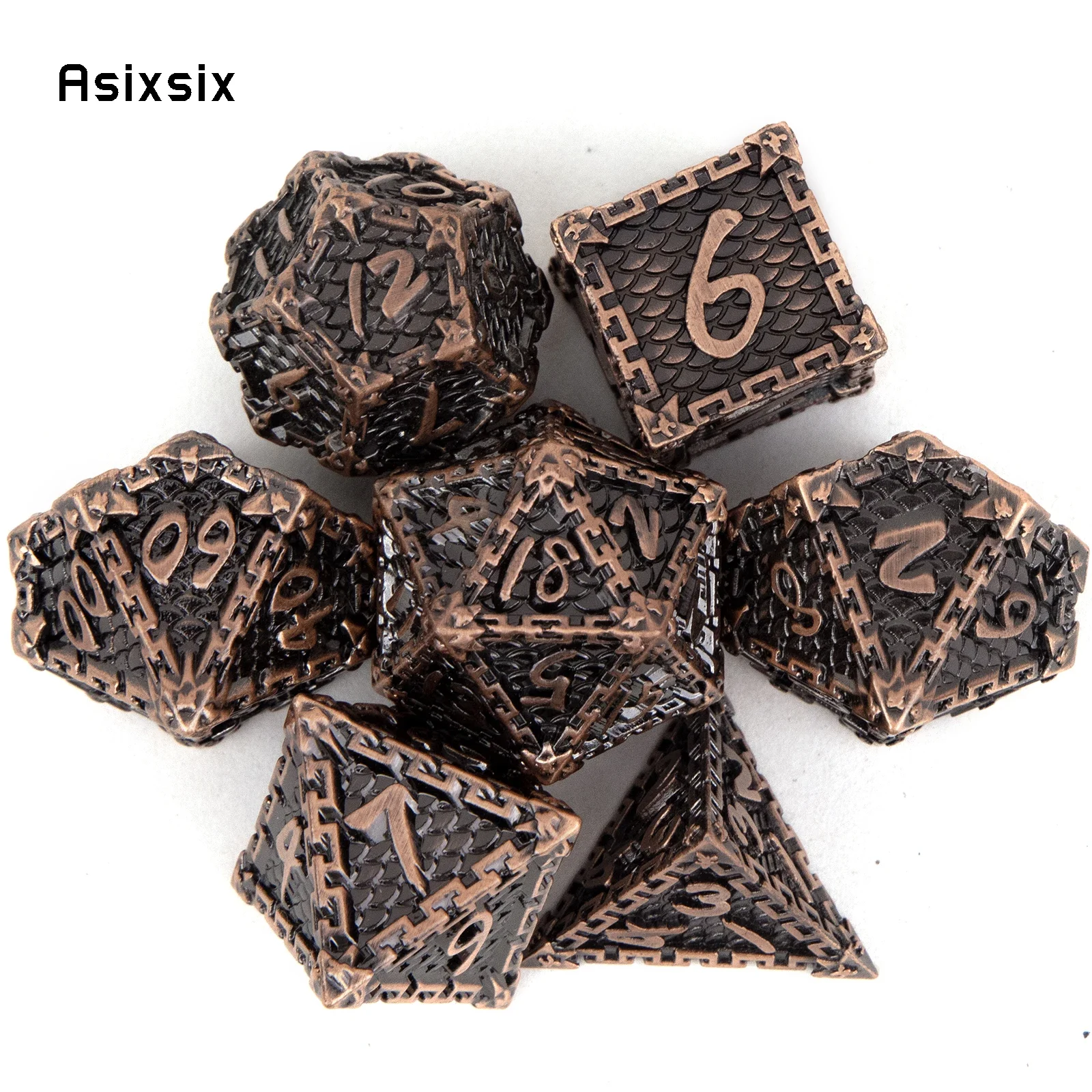 7 Pcs Copper Fish Scale Metal Dice Solid Metal Polyhedral Dice Set Suitable For Role-Playing RPG Gift Card Game