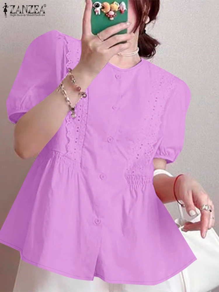 ZANZEA Short Puff Sleeve Button Up Blouses Elegant O-Neck Solid Color Casual Shirts Korean Fashion Lace Trim Woman Chemise Femme
ZANZEA Short Puff Sleeve Button Up Blouses Elegant O-Neck Solid Color Casual Shirts Korean Fashion Lace Trim Woman Chemise Femme