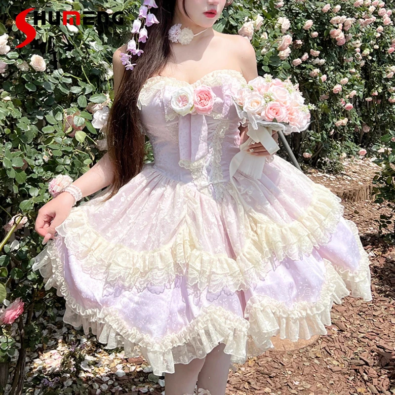 Sweet Flower Wedding Purple Tube Top Dress Summer Girls Woman's Slimming Off Shoulder Elegant Lolita Dress Princess Fairy Dress
Sweet Flower Wedding Purple Tube Top Dress Summer Girls Woman's Slimming Off Shoulder Elegant Lolita Dress Princess Fairy Dress