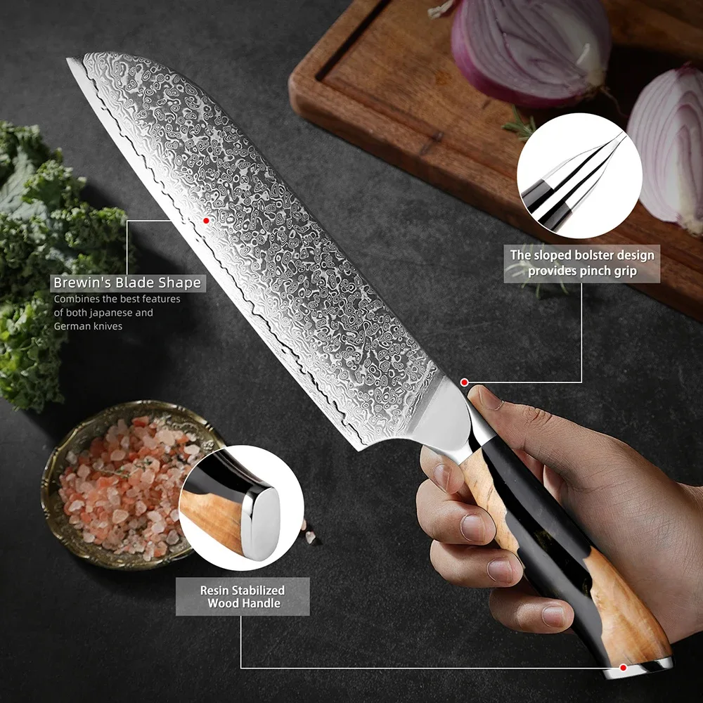7inch 67Layer Damascus Steel Santoku Knife VG10 Steel Resin Handle Japanese Chef's Kitchen Utility Meat Vegetable Slicing Knives
7inch 67Layer Damascus Steel Santoku Knife VG10 Steel Resin Handle Japanese Chef's Kitchen Utility Meat Vegetable Slicing Knives