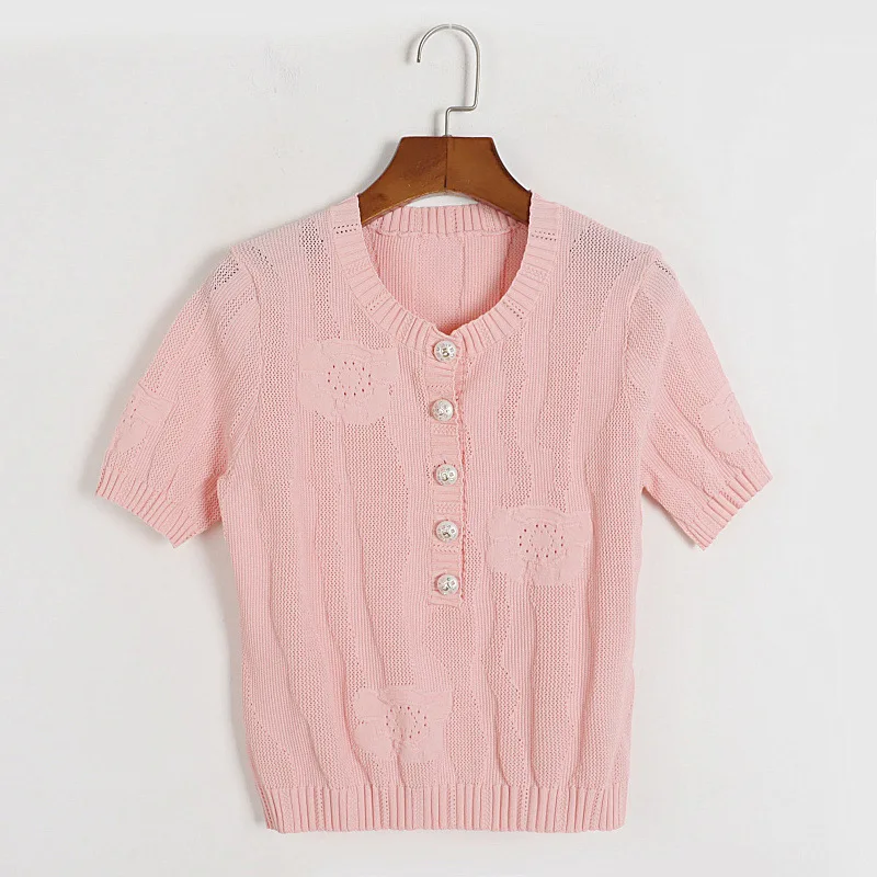 Kintted Pink T-shirt with Gold Button, Round Neck, Short Sleeve Tee, Simple Slim Fit, Slim Round Neck, Knit Top, Summer, 2024
Kintted Pink T-shirt with Gold Button, Round Neck, Short Sleeve Tee, Simple Slim Fit, Slim Round Neck, Knit Top, Summer, 2024