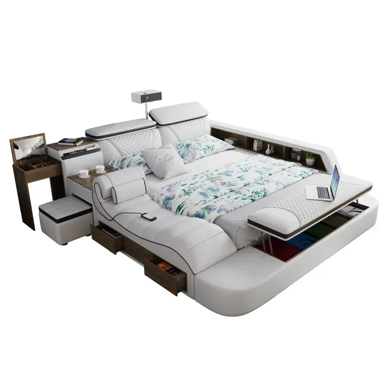 Leather master bedroom modern simple double queen bed multifunctional projector storage wedding bed Hot Selling
Leather master bedroom modern simple double queen bed multifunctional projector storage wedding bed Hot Selling