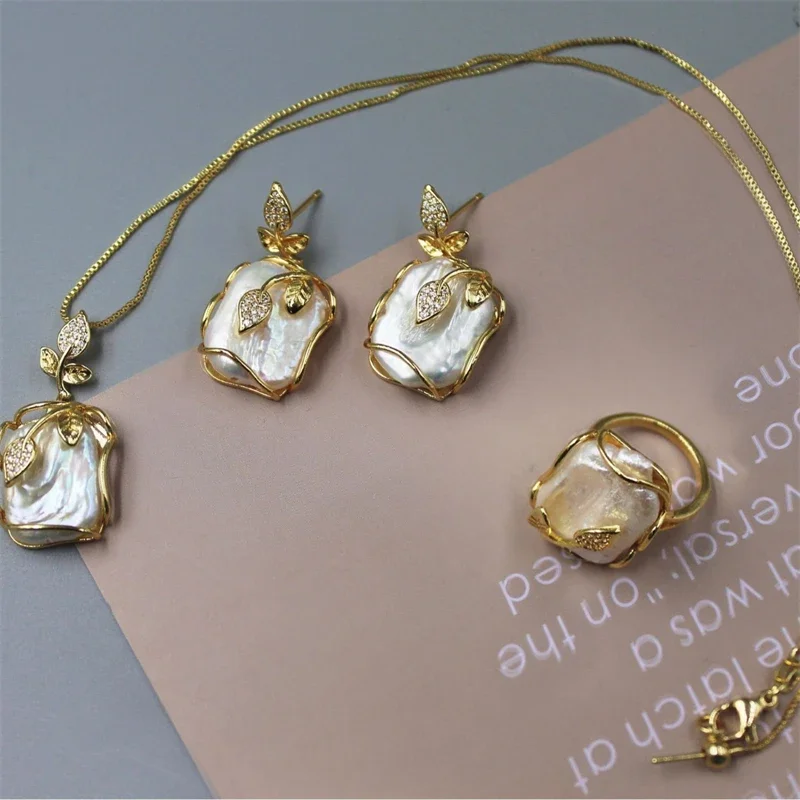 Natural Irregular Baroque Freshwater Pearl Rose Leaf Jewelry Set Women Cubic Zirconia Necklace Ring Earring Women Party Jewelry
Natural Irregular Baroque Freshwater Pearl Rose Leaf Jewelry Set Women Cubic Zirconia Necklace Ring Earring Women Party Jewelry