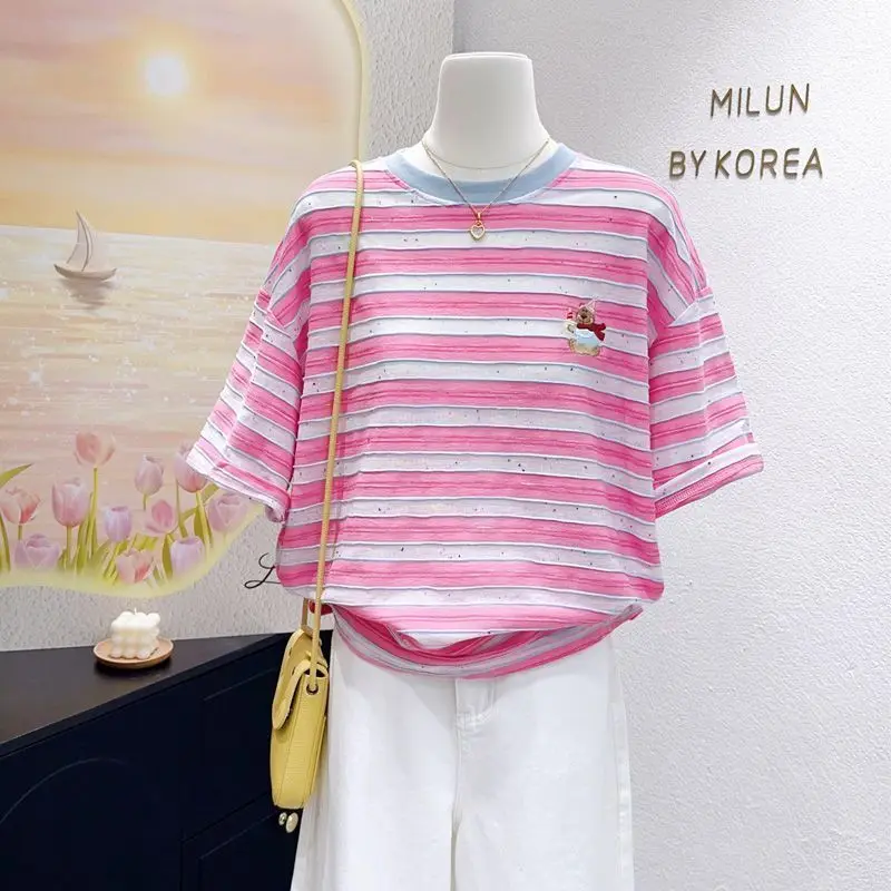 Summer Women's Cotton Loose T-shirt Short Sleeve Comfortable Daily Fashion Casual Embroidered Little Bear Striped Tops
Summer Women's Cotton Loose T-shirt Short Sleeve Comfortable Daily Fashion Casual Embroidered Little Bear Striped Tops