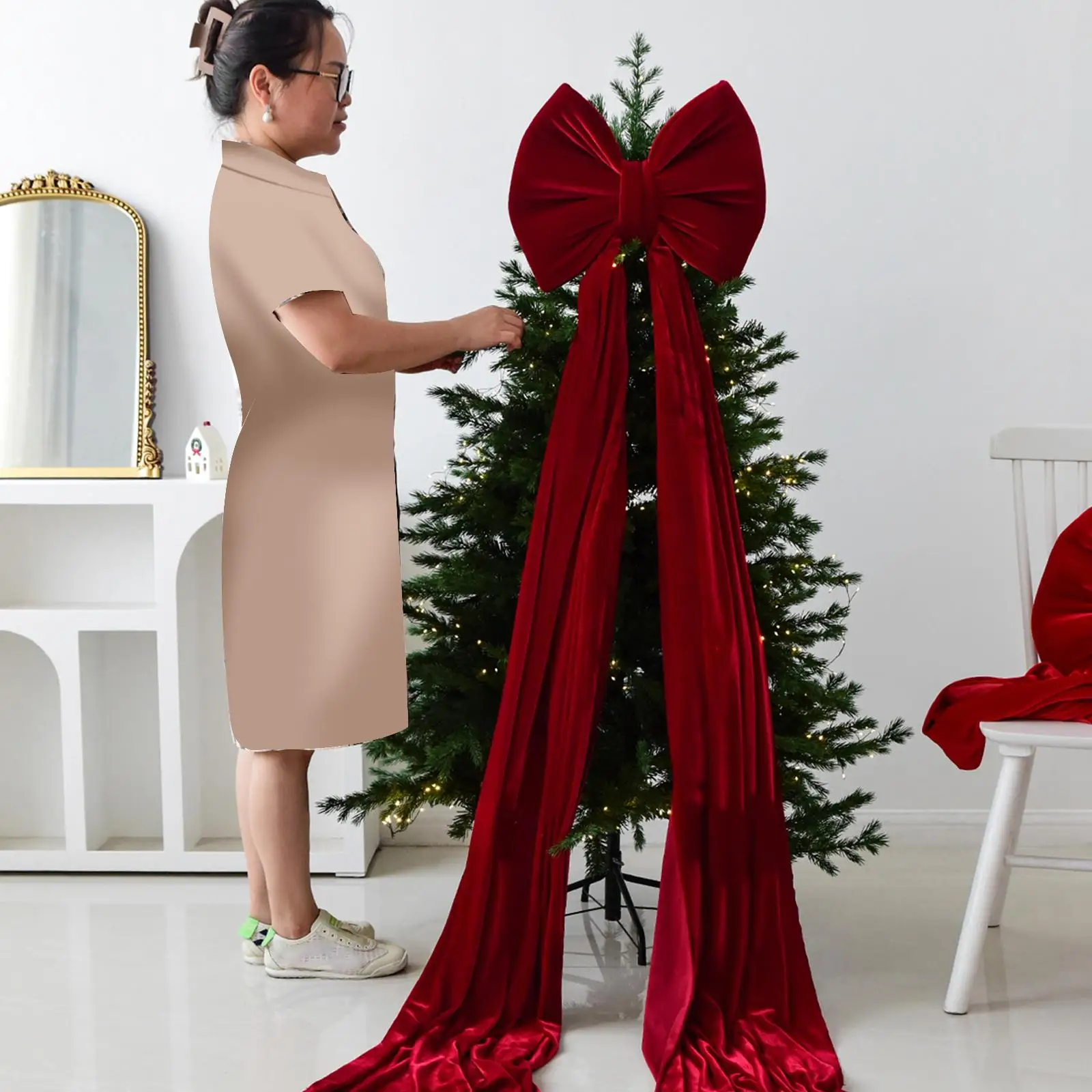 Velvet Giant Bow Christmas Tree Decoration Extra Large Topper for Home Room Party and Xmas Ornament
Velvet Giant Bow Christmas Tree Decoration Extra Large Topper for Home Room Party and Xmas Ornament