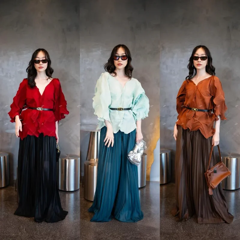 Pleated Top Pants Skirt 2 Piece Set Miyake New Bat Sleeve Large Size Stretch Short Sleeve Top African Banquet Commuter Costume
Pleated Top Pants Skirt 2 Piece Set Miyake New Bat Sleeve Large Size Stretch Short Sleeve Top African Banquet Commuter Costume