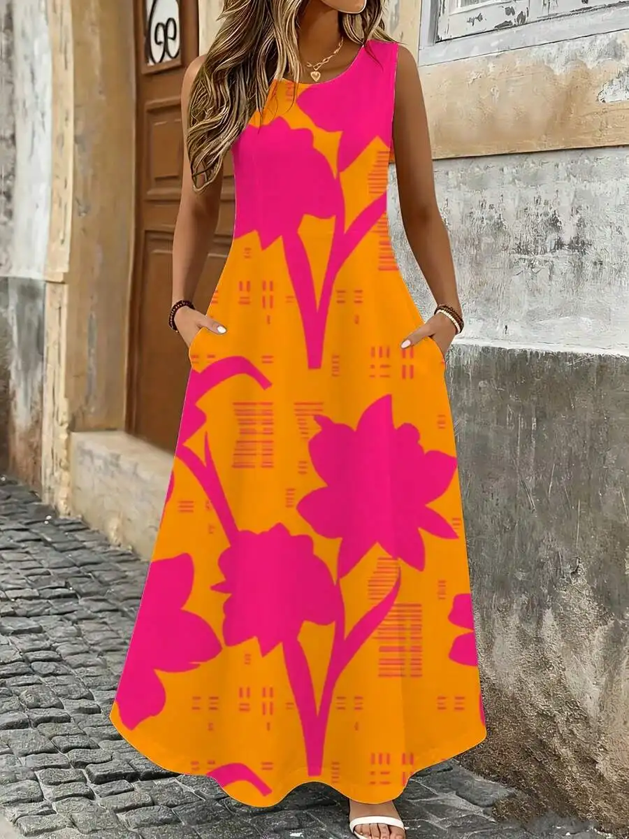 Sleeveless Maxi Dress Orange Pink Floral Print Summer Beach Vacation Outfit
Sleeveless Maxi Dress Orange Pink Floral Print Summer Beach Vacation Outfit