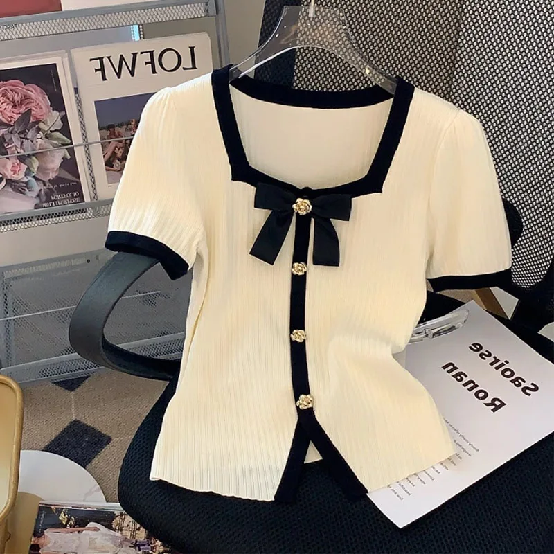 Women Clothing Bow Square Collar Knitted Sweater Women Pullovers New Short Sleeve Spliced Knit Sweater Pullover Women Tops Q3121
Women Clothing Bow Square Collar Knitted Sweater Women Pullovers New Short Sleeve Spliced Knit Sweater Pullover Women Tops Q3121