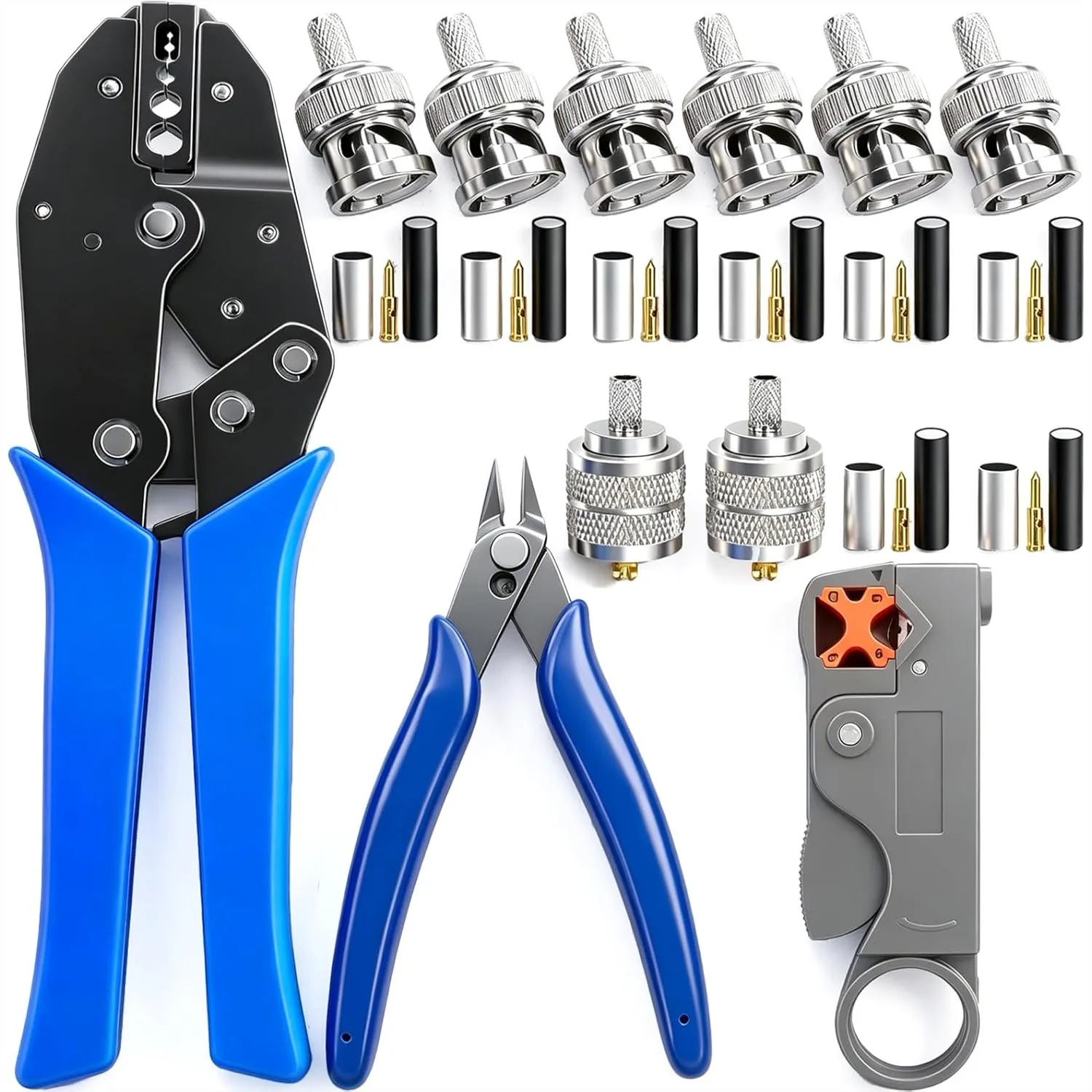 BNC Crimp Tool Kit with Coaxial Cable Stripper and Wire Cutter for RG58, RG59, RG62, RG174 - Reliable and Easy-to-Use
BNC Crimp Tool Kit with Coaxial Cable Stripper and Wire Cutter for RG58, RG59, RG62, RG174 - Reliable and Easy-to-Use