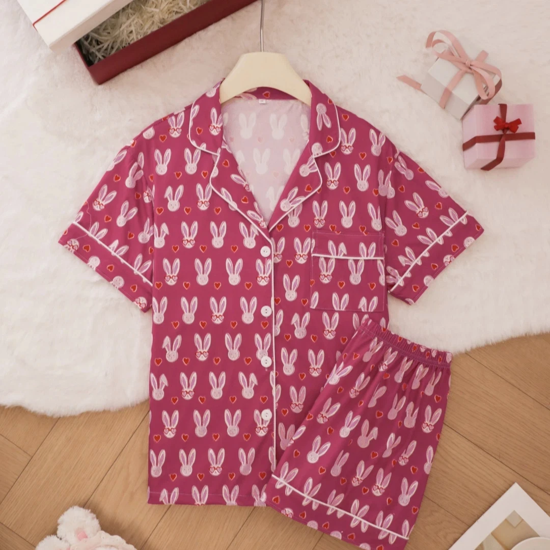 Red Women Pajama Set Animal Themed with Rabbit Print Lapel Shorts-sleeved and Shorts Pants Home Wear Gifts
Red Women Pajama Set Animal Themed with Rabbit Print Lapel Shorts-sleeved and Shorts Pants Home Wear Gifts