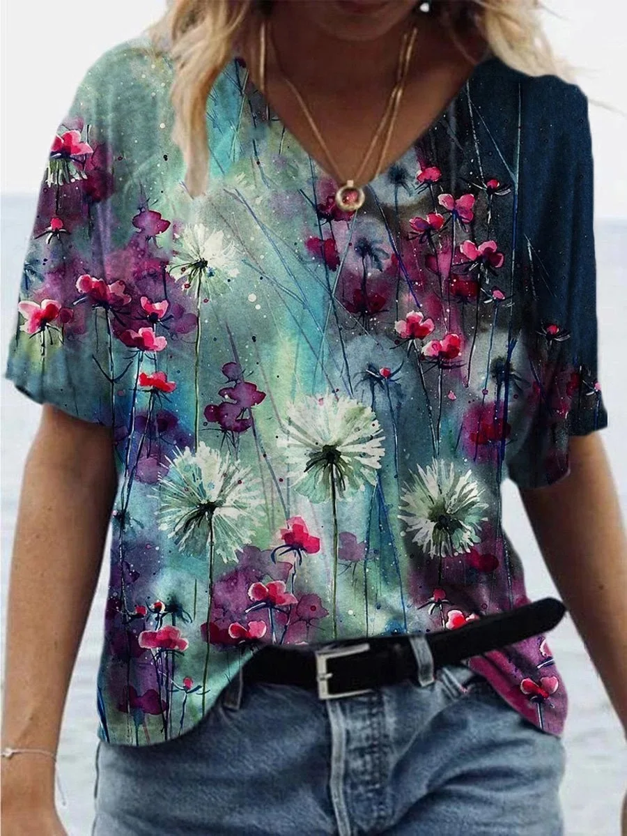 Flower Pattern Women V-neck T-shirt Latest Leisure Style Slim Fit Women Short Sleeved Quick Drying Trendy Vacation Clothing
Flower Pattern Women V-neck T-shirt Latest Leisure Style Slim Fit Women Short Sleeved Quick Drying Trendy Vacation Clothing