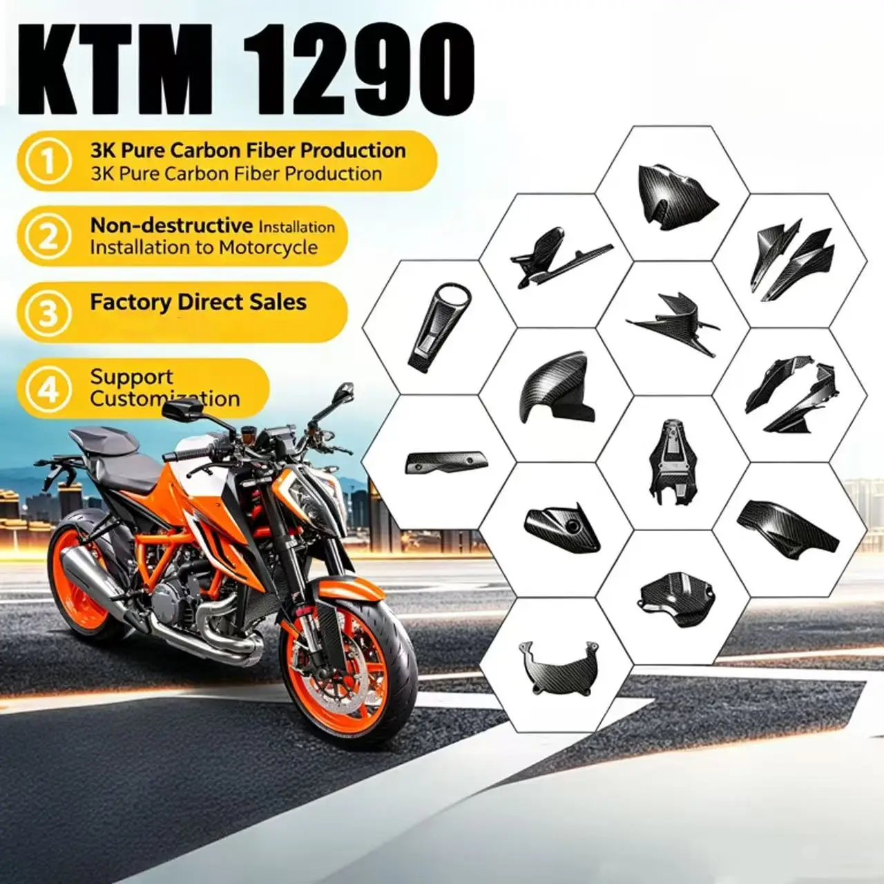 Applicable to KTM Superduke 1290 carbon fiber modification parts, shell accessories, fender, windshield, dry carbon
Applicable to KTM Superduke 1290 carbon fiber modification parts, shell accessories, fender, windshield, dry carbon