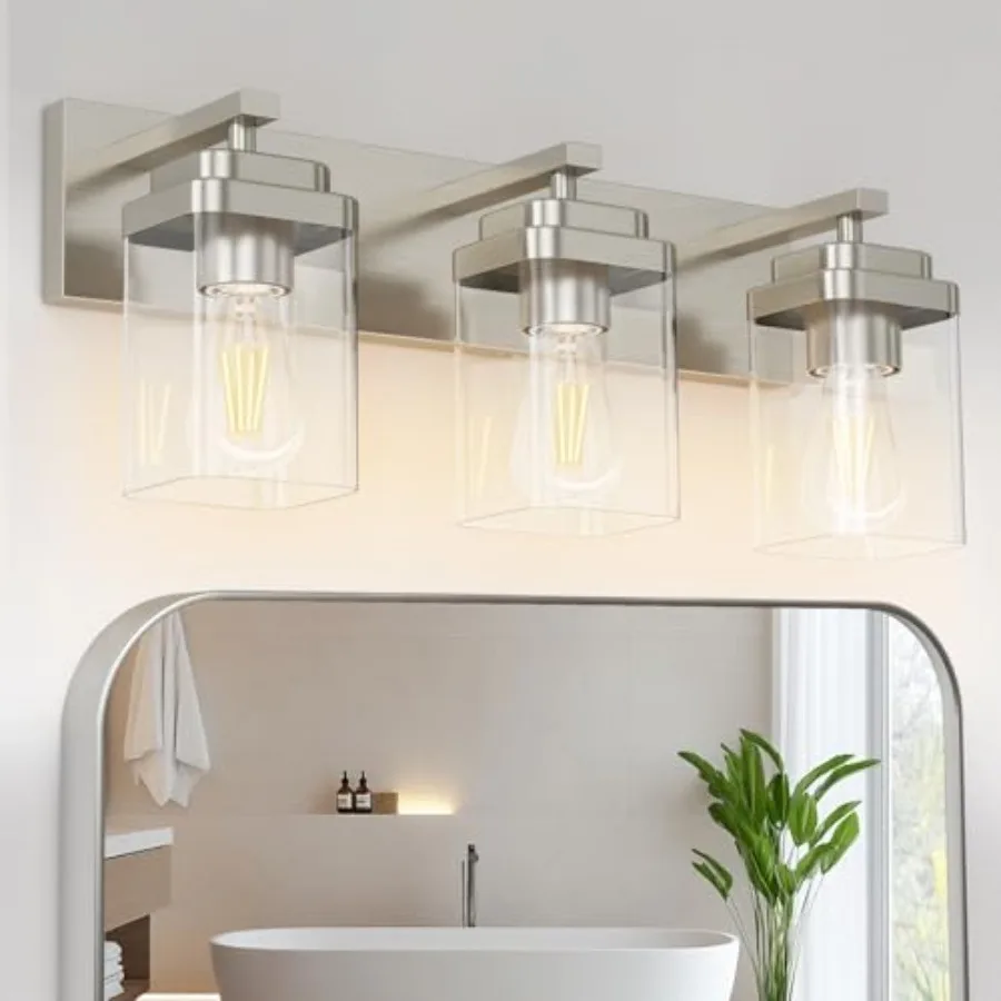 Brushed Bathroom Light Fixtures, 3 Lights Bathroom Lighting Fixtures Over Mirror, Square Design and Rectangle Large Backplate,
Brushed Bathroom Light Fixtures, 3 Lights Bathroom Lighting Fixtures Over Mirror, Square Design and Rectangle Large Backplate,