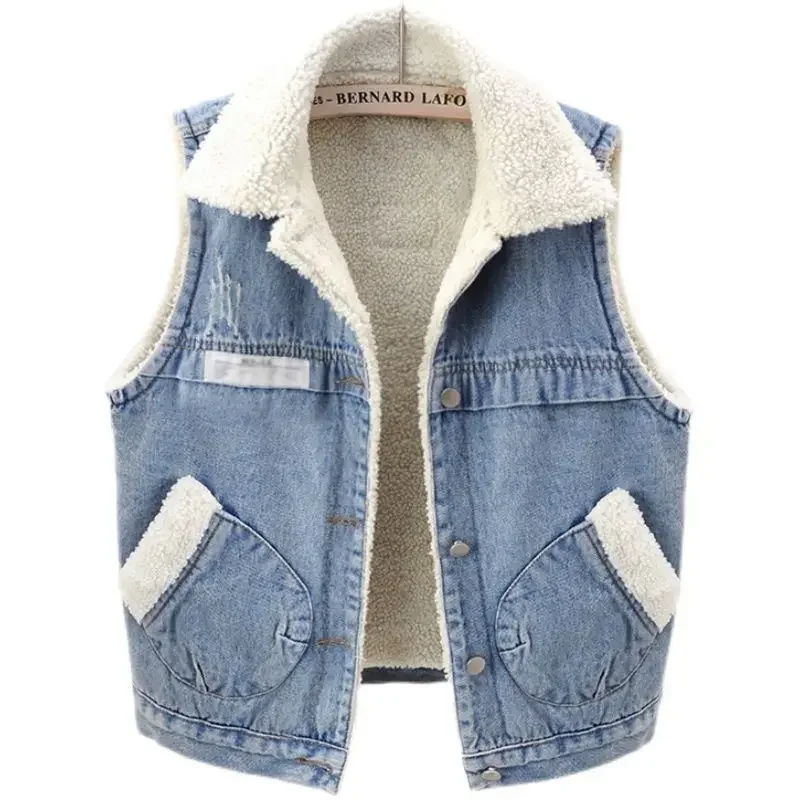 Autumn Lamb Wool Liner Plush Thick Denim Vest Jacket Winter Warm Women Short Cowboy Waistcoat Loose Sleeveless Pocket Jean Coat
Autumn Lamb Wool Liner Plush Thick Denim Vest Jacket Winter Warm Women Short Cowboy Waistcoat Loose Sleeveless Pocket Jean Coat