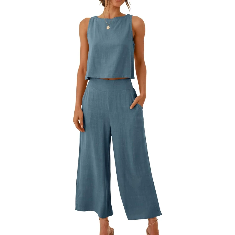 Women Summer 2 Piece Outfits Sleeveless Crop Top Wide Leg Pants Jumpsuit Linen Lounge Beach Travel Sets
Women Summer 2 Piece Outfits Sleeveless Crop Top Wide Leg Pants Jumpsuit Linen Lounge Beach Travel Sets