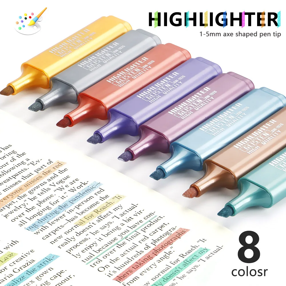 8 colors/set Metallic Glitter Highlighter Stroke Pen Student Learning Marker Color Highlight Oblique Head Glitter Pen
8 colors/set Metallic Glitter Highlighter Stroke Pen Student Learning Marker Color Highlight Oblique Head Glitter Pen