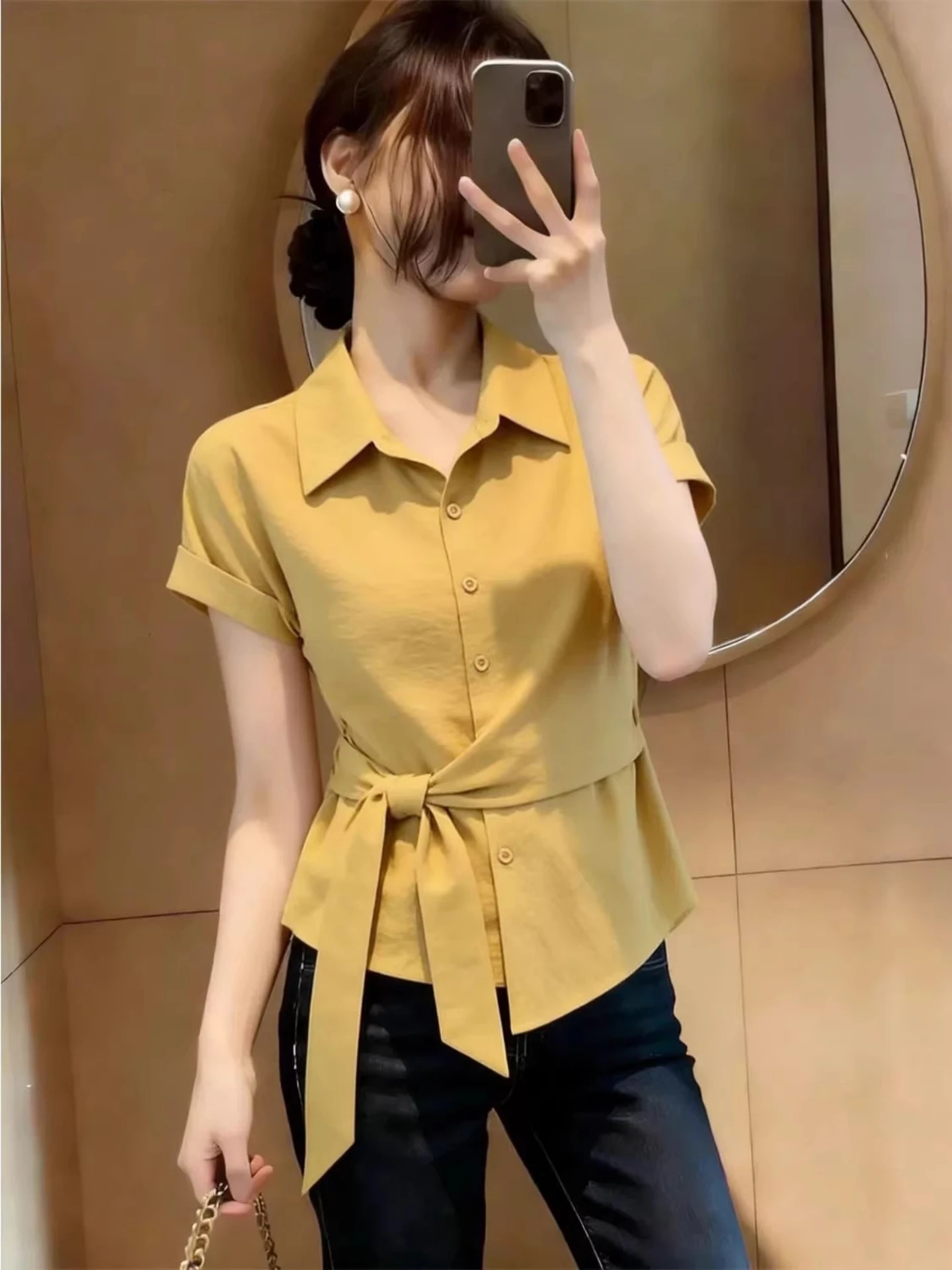 Women's Neck Short Sleeve Shirt Belted Waist Slimming Top Summer Korean Style Commute Thin Material Non-Iron Treatment
Women's Neck Short Sleeve Shirt Belted Waist Slimming Top Summer Korean Style Commute Thin Material Non-Iron Treatment