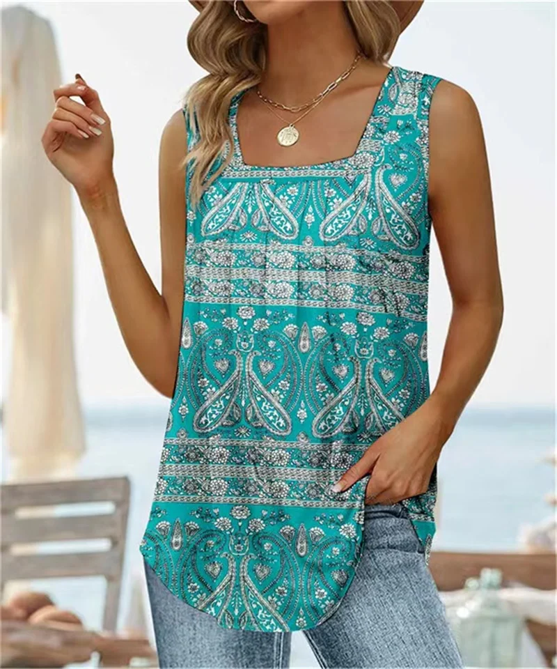 Elegant Print Sleeveless Square Neck T-Shirt 2023 Women's Summer Daily Commuter Casual Basic Tops Female Loose Tees Pleated Vest
Elegant Print Sleeveless Square Neck T-Shirt 2023 Women's Summer Daily Commuter Casual Basic Tops Female Loose Tees Pleated Vest