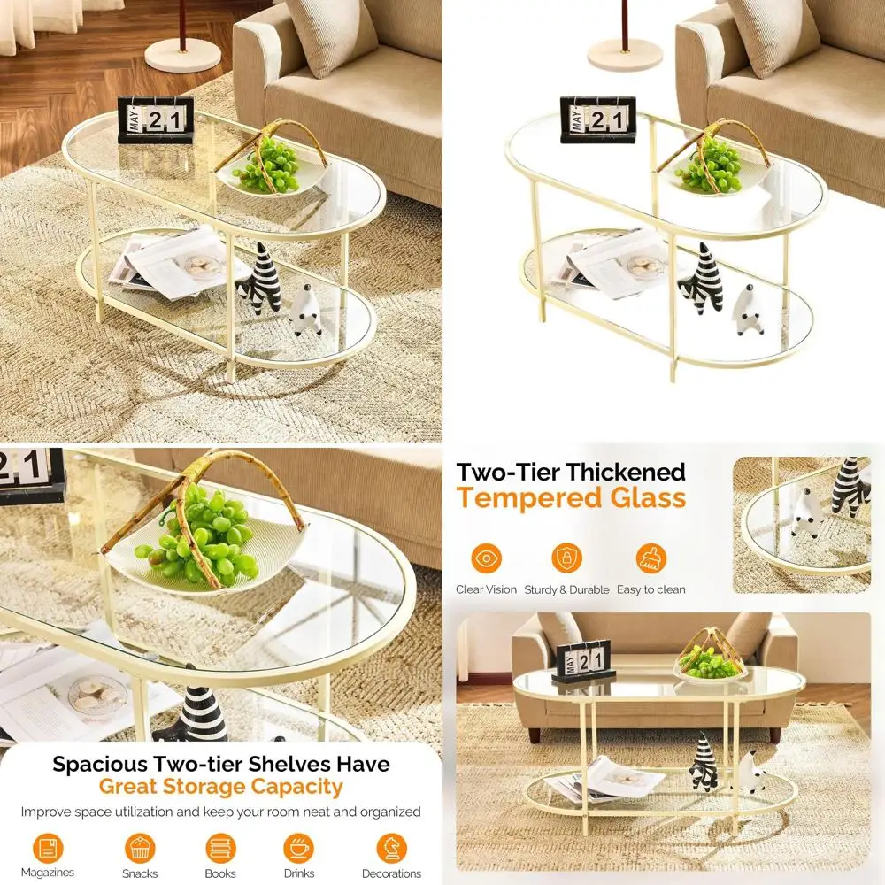 Oval Glass Coffee Table with 2-Tier Storage, Modern Beige Accent Table for Living Room, Office, and Small Spaces
Oval Glass Coffee Table with 2-Tier Storage, Modern Beige Accent Table for Living Room, Office, and Small Spaces