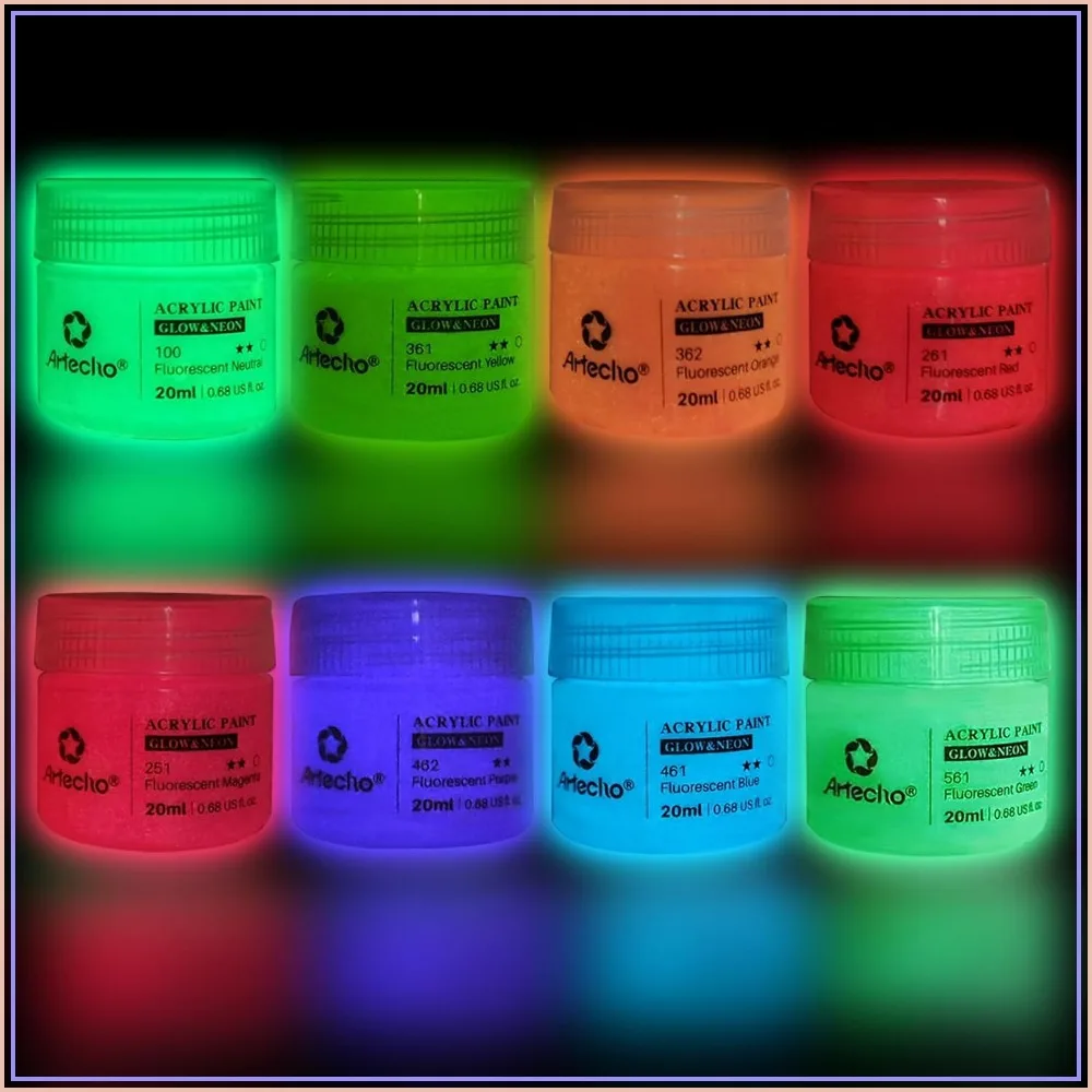 Glow in the Dark Acrylic Paint Set - 8 Colors x 20ml, Non-Toxic, Waterproof, for Canvas, Rock, Wood, Fabric, Rich Pigment, for Adults & Hobbyists
Glow in the Dark Acrylic Paint Set - 8 Colors x 20ml, Non-Toxic, Waterproof, for Canvas, Rock, Wood, Fabric, Rich Pigment, for Adults & Hobbyists