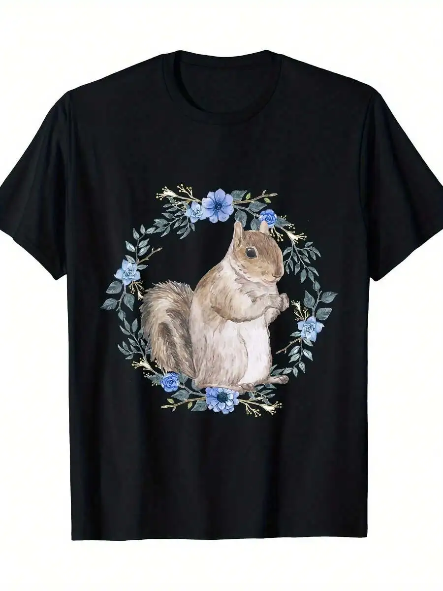 Adult Unisex Squirrel Floral Wreath Print Cotton T-Shirt Black Round Neck Short Sleeve
Adult Unisex Squirrel Floral Wreath Print Cotton T-Shirt Black Round Neck Short Sleeve
