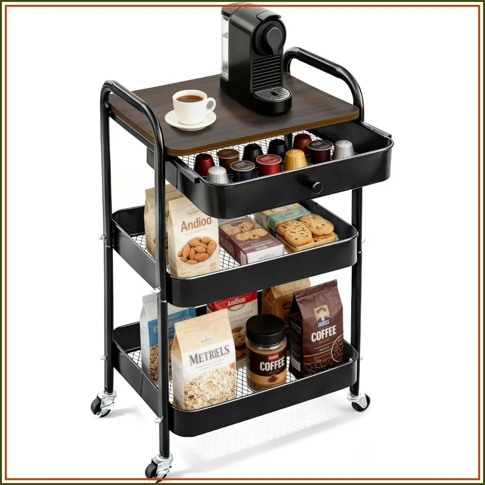 3-Tier Rolling Cart with Wood Top, Drawer & Lockable Wheels, Metal Mesh Utility Trolley for Kitchen, Bathroom, Office
3-Tier Rolling Cart with Wood Top, Drawer & Lockable Wheels, Metal Mesh Utility Trolley for Kitchen, Bathroom, Office