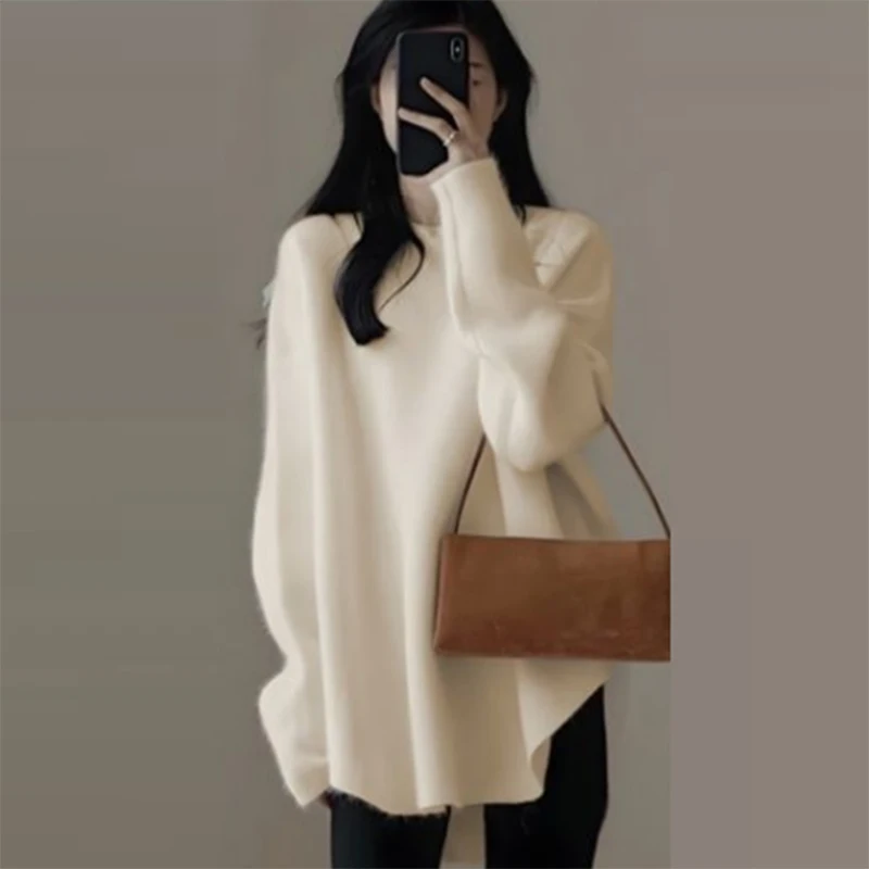 Solid Color Long Sleeved O-Neck Pullover Sweater Women's Loose Casual Simple Style Sweater Thicken Warm Split Knitted Sweater
Solid Color Long Sleeved O-Neck Pullover Sweater Women's Loose Casual Simple Style Sweater Thicken Warm Split Knitted Sweater