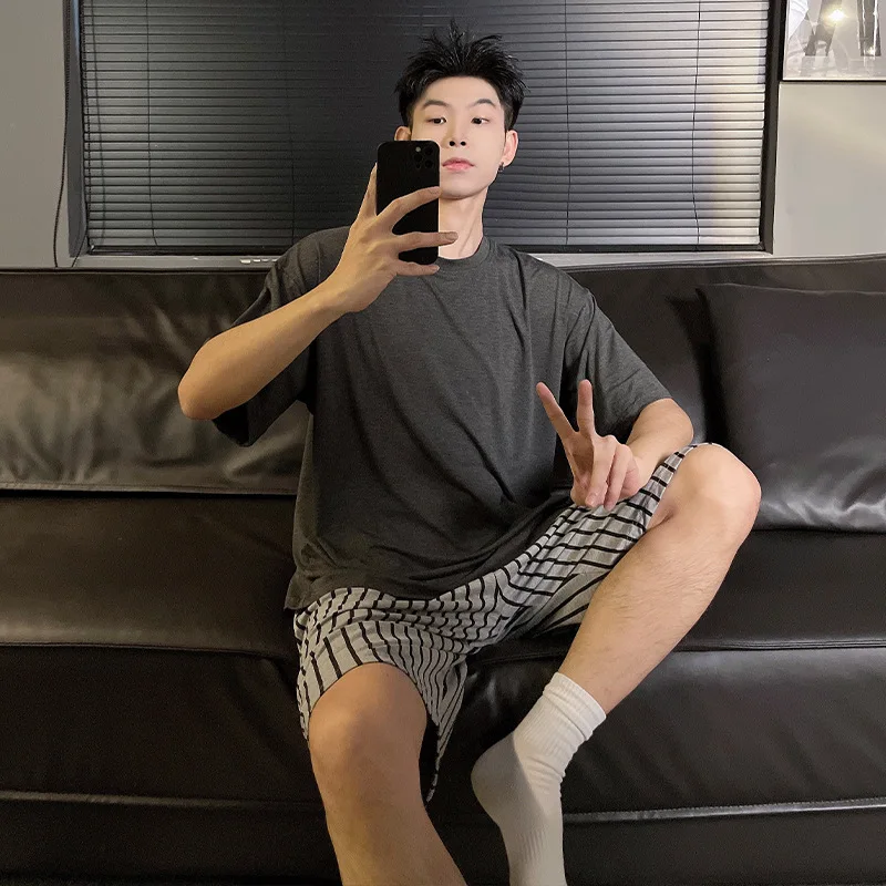 Modal Man Summer New Loose Pajamas 2Pcs Short Sleeves Shirt & Stripe Shorts Sleepwear Casual Round Neck Loungewear Nightwear
Modal Man Summer New Loose Pajamas 2Pcs Short Sleeves Shirt & Stripe Shorts Sleepwear Casual Round Neck Loungewear Nightwear