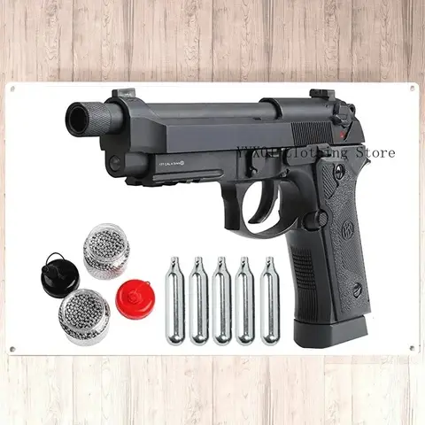Air Pistol Full Metal CO2 Blowback M9 Style Series Airsoft Armas 4.5mm 0.177 BBS W/14mm CCW Metal Wall Sign Home Decor