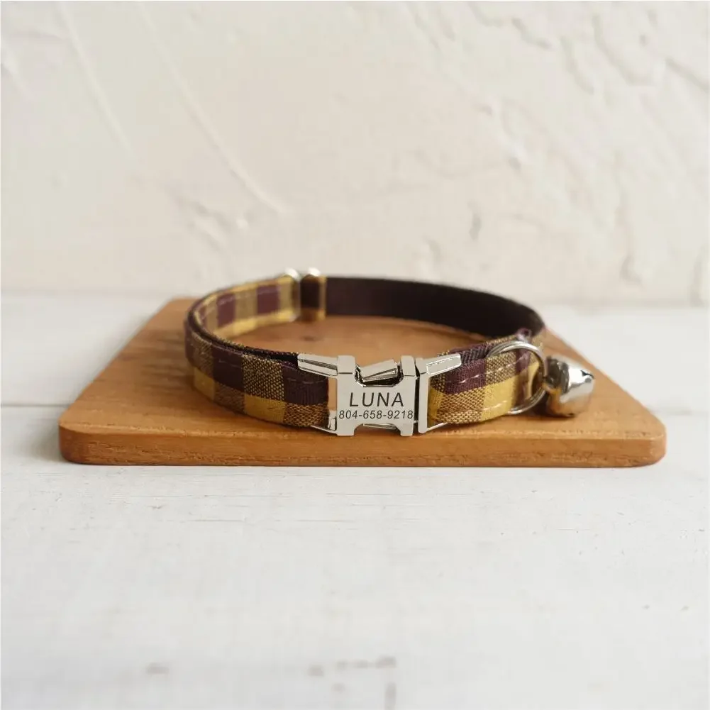 Personalized Cat Collar with Free Engraving, Matching Pet Leash,Customzied Contacts Metal Buckle, Brown Yellow Plaid Pet Collar
Personalized Cat Collar with Free Engraving, Matching Pet Leash,Customzied Contacts Metal Buckle, Brown Yellow Plaid Pet Collar