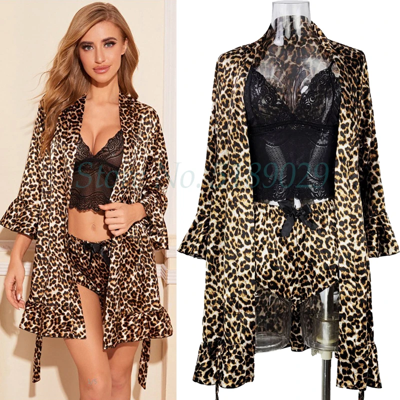 Sexy Leopard Kimono Robe Set Satin Print Lady Nightgown Bathrobe Intimate Lingerie Loungewear Flare Sleeve Home Dressing Gown
Sexy Leopard Kimono Robe Set Satin Print Lady Nightgown Bathrobe Intimate Lingerie Loungewear Flare Sleeve Home Dressing Gown