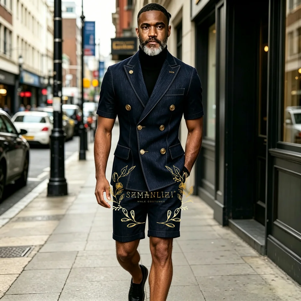 Navy Blue Denim Business Men Suits Double Breasted Suits For Men Prom Wedding Party Groom Tuxedos Costume jacket Short Pants
Navy Blue Denim Business Men Suits Double Breasted Suits For Men Prom Wedding Party Groom Tuxedos Costume jacket Short Pants