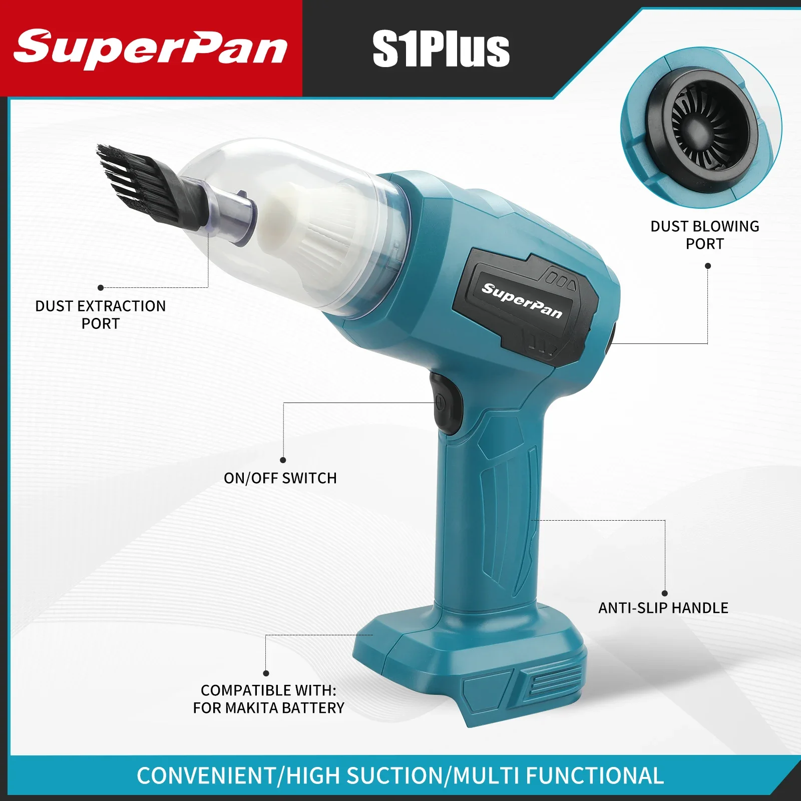 Superpan Strong Suction Mini Electric Vacuum Cleaner Wireless Handheld Home Cleaner Blower With Nozzeles for Makita 18V Battery
Superpan Strong Suction Mini Electric Vacuum Cleaner Wireless Handheld Home Cleaner Blower With Nozzeles for Makita 18V Battery