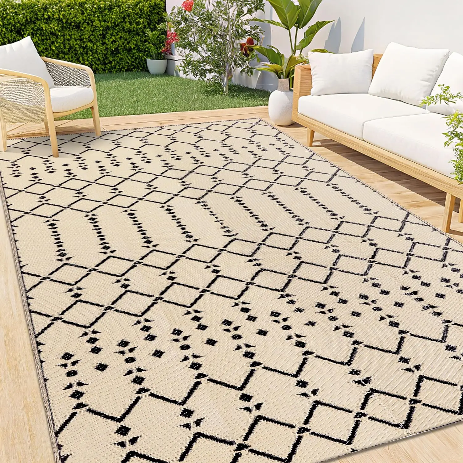 Outdoor Rug 5x8 ft, Waterproof Reversible Plastic Straw Rugs, Boho Outdoor Area Rug, Outside Floor Mat for Patio, Backyard, D